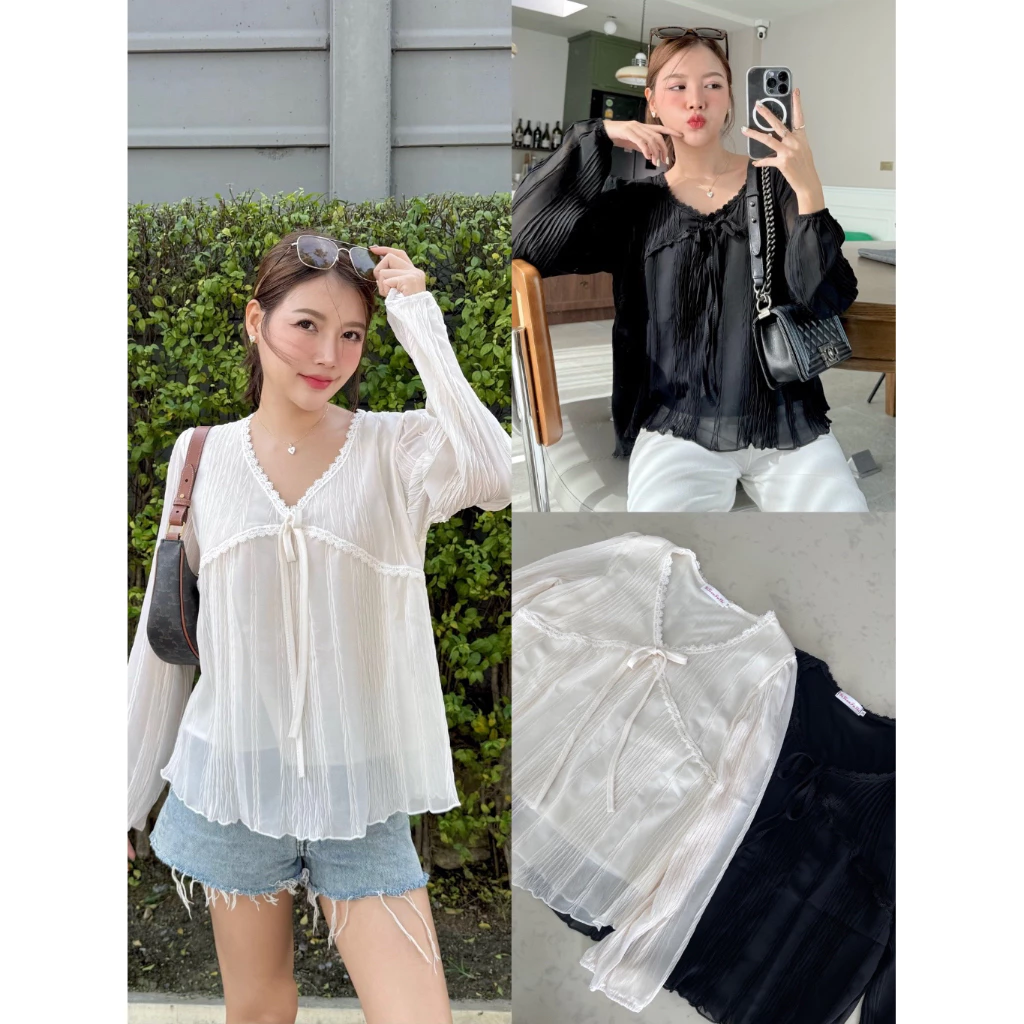 M10 -เสื้อแขนยาวคอวีขอบลูกไม้ เนื้อผ้าพริ้ว มีซับใน ไม่ต้องรีด น่ารักมาก