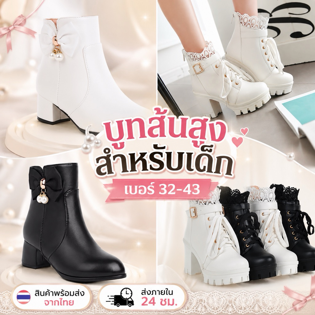 พร้อมส่ง💗รองเท้าบูทส้นสูง สำหรับเด็ก คุณภาพดี ใส่เดินพาเหรด #บ.สั่งตัด