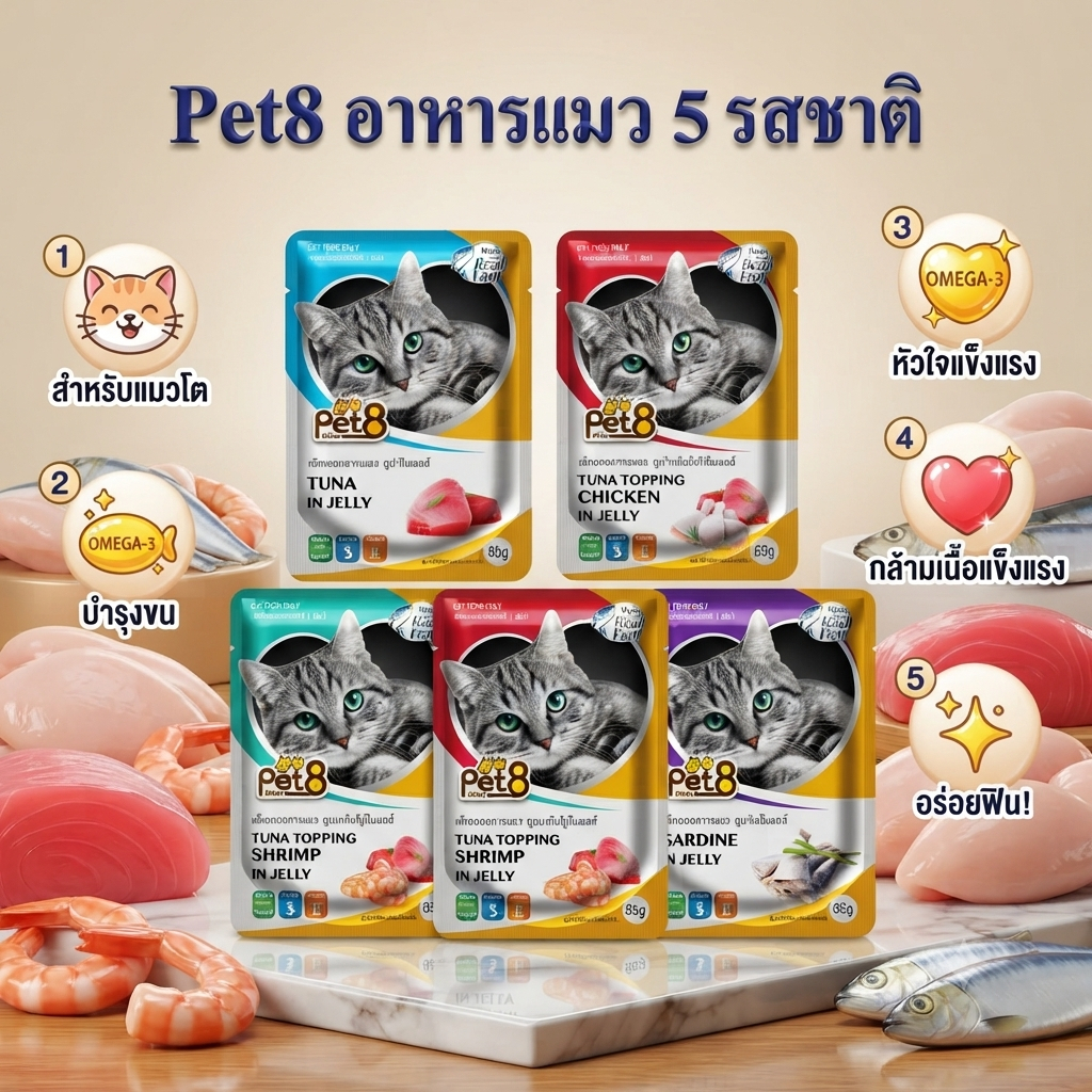 Pet8 อาหารเปียกแมว ปลาทูน่า 5  รสชาติ ขายดี คละซอง ในเยลลี่ 70 กรัม