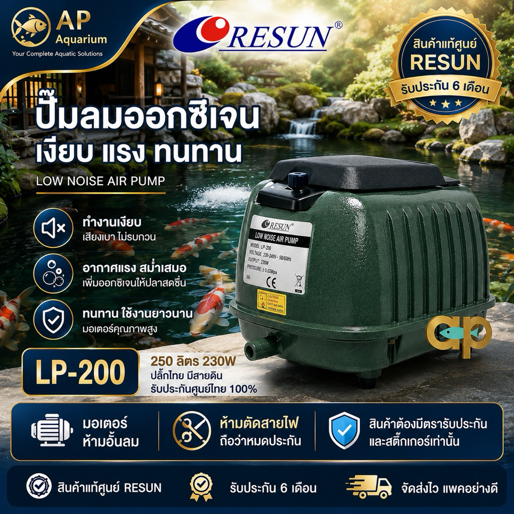 LP-200 Resun LP200 ปั๊มลมเสียงเงียบ 250 ลิตร/นาที  กินไฟ 230wปลั๊ก 2 ขาไทย มีสายดิน ศูนย์ไทย 100%