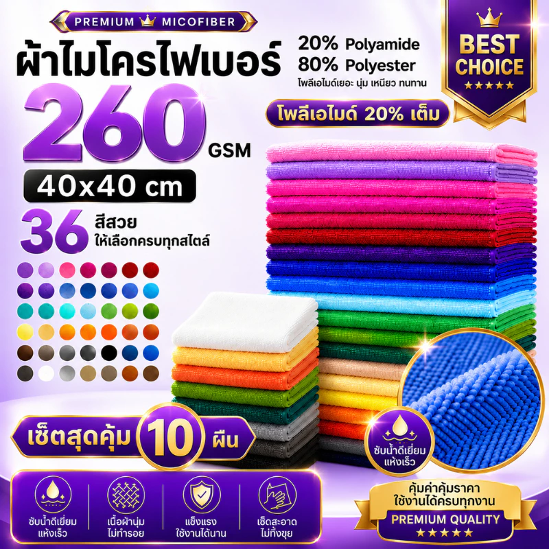 (SET10ผืน) ผ้าไมโครไฟเบอร์ 260 GSM 40x40 ซม. โพลีเอมายด์ 20% เต็ม ซับน้ำดี ไม่เป็นขุย เช็ดรถและกระจก ผ้าเนื้อฟู