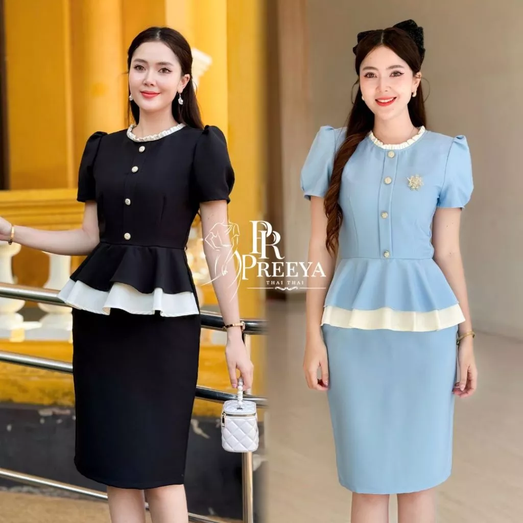 D05 ชุดผ้าไทย แบรนด์ปรียา เดรสผ้าเปเป้ ผ้าพริ้ว ใส่นุ่มสบาย คัตติ้งเนี๊ยบ มีไซส์ S-4XL ชุดเดรสทำงาน