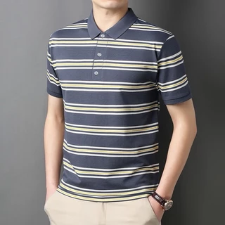 Chaistyle เสื้อโปโล ลายทางสำหรับฤดูร้อน แขนสั้นชายวัยกลางคน แบบหลวม แมทช์ลุคง่าย สไตล์ธุรกิจ/ลำลอง ขนาด M-3XL