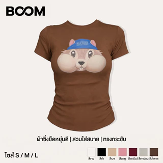 BOOM เสื้อ baby tee Y2K สไตล์เกาหลี ผู้หญิง พิมพ์ลายกระรอกการ์ตูนน่ารัก แขนสั้น ผ้ายืดหยุ่น ไม่อึดอัด รัดรูป ใส่สบาย