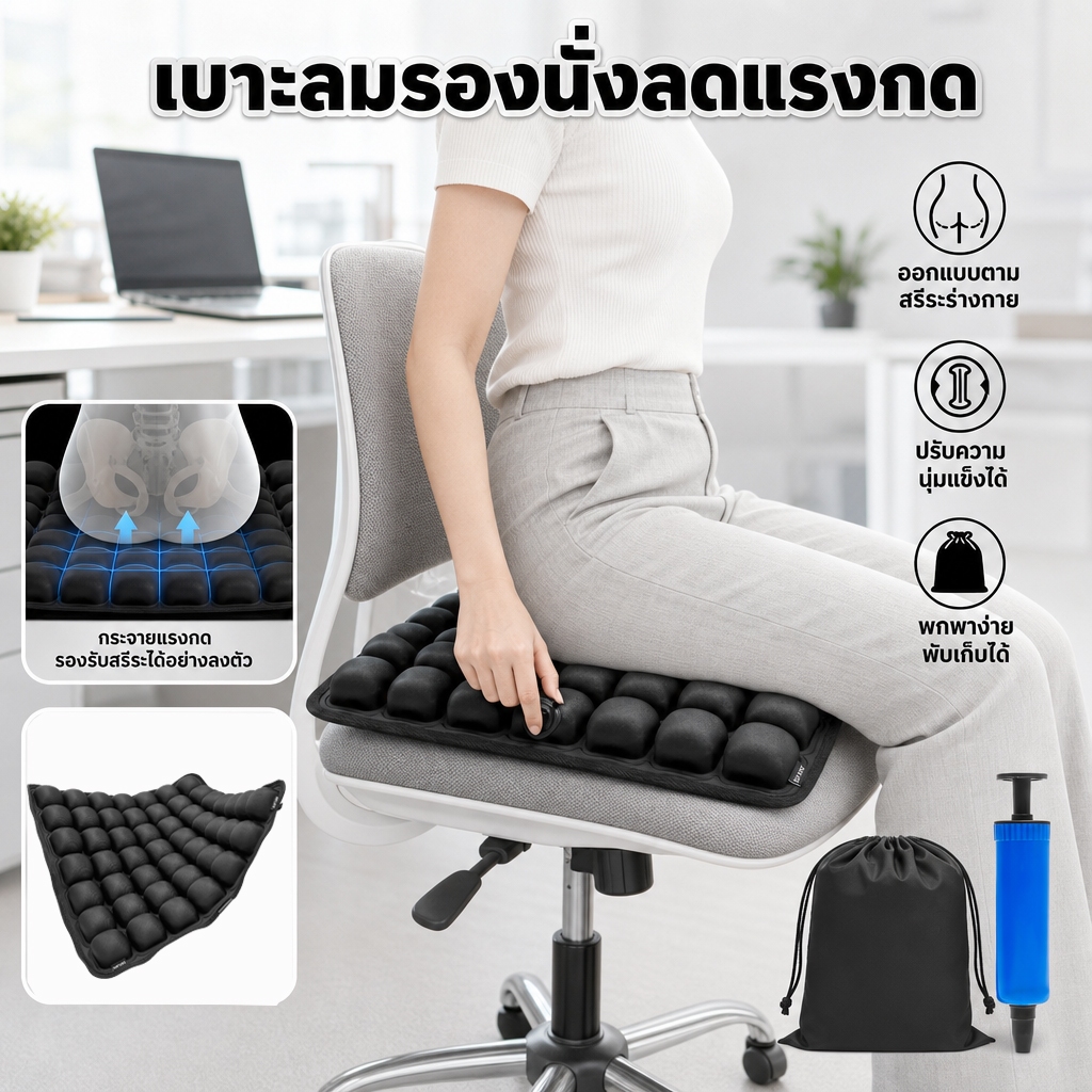 เบาะเป่าลม3D ป้องกันแผลกดทับ เบาะรองนั่งเพื่อสุขภาพ ออฟฟิศ เบาะรองนั่ พกพาสะดวก เบาะรองนั่งเป่าลม ภาระบนสะโพก