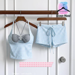 Ocean Mood | บิกินี่ทูพีช แฟชั่นเกาหลี ชุดว่ายน้ำลายสก็อต สีฟ้าพาสเทล เสื้อผูกคอ กางเกงขาสั้น ชุดไปทะเล