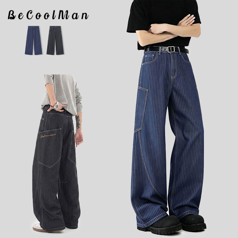BecoolMan กางเกงยีนส์ผู้ชาย ลายริ้ว กางเกงขายาว หลวม ขากว้าง อินเทรนด์สไตล์เกาหลี ทำให้ดูผอมเพรียว สีฟ้าสีดำ