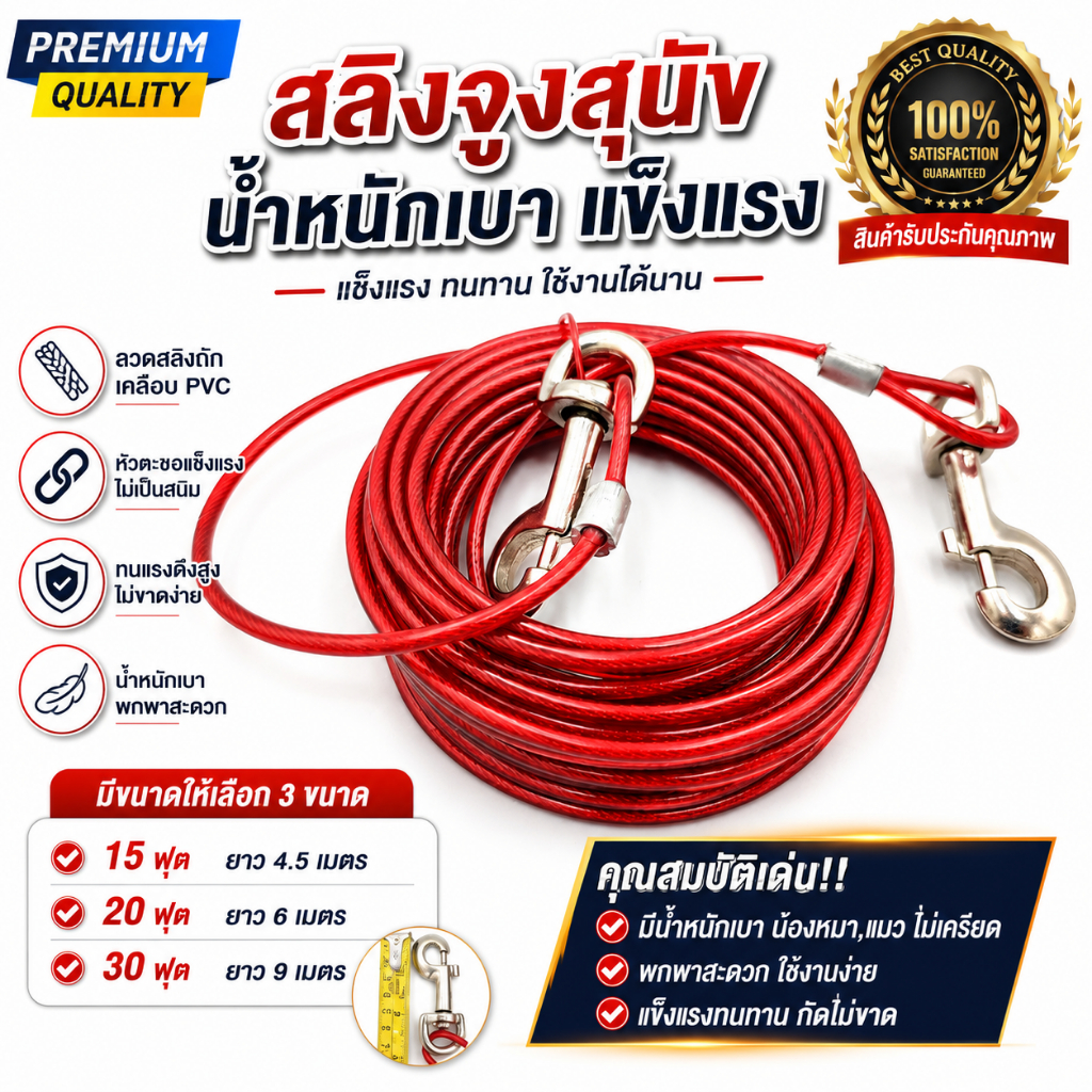 โซ่ล่าม สายเคเบิ้ล Cable มีความยาวให้คุณเลือก 15-20-30 ฟุต โซ่จูงสุนัข อุปกรณ์สัตว์เลี้ยง พร้อมตะขอเกี่ยว 2 ด้านหัว-ท้าย