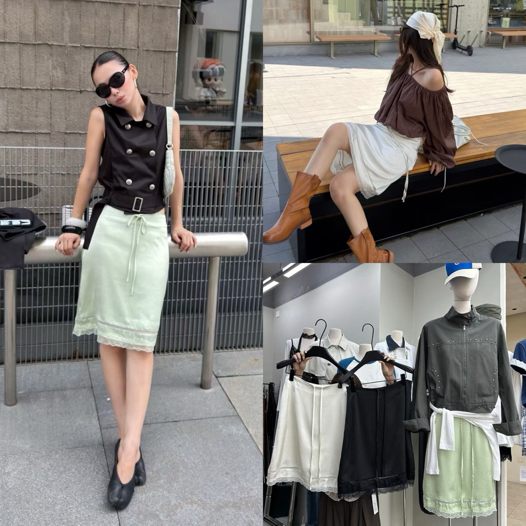 ส่งด่วน 🇰🇷 26Q513 𝗟𝗔𝗖𝗘 𝗧𝗥𝗜𝗠 𝗦𝗞𝗜𝗥𝗧 กระโปรงสั้นต่อชายลูกไม้ ดีไซน์เรียบเท่แต่แอบซ่อนความหวาน MMFISH
