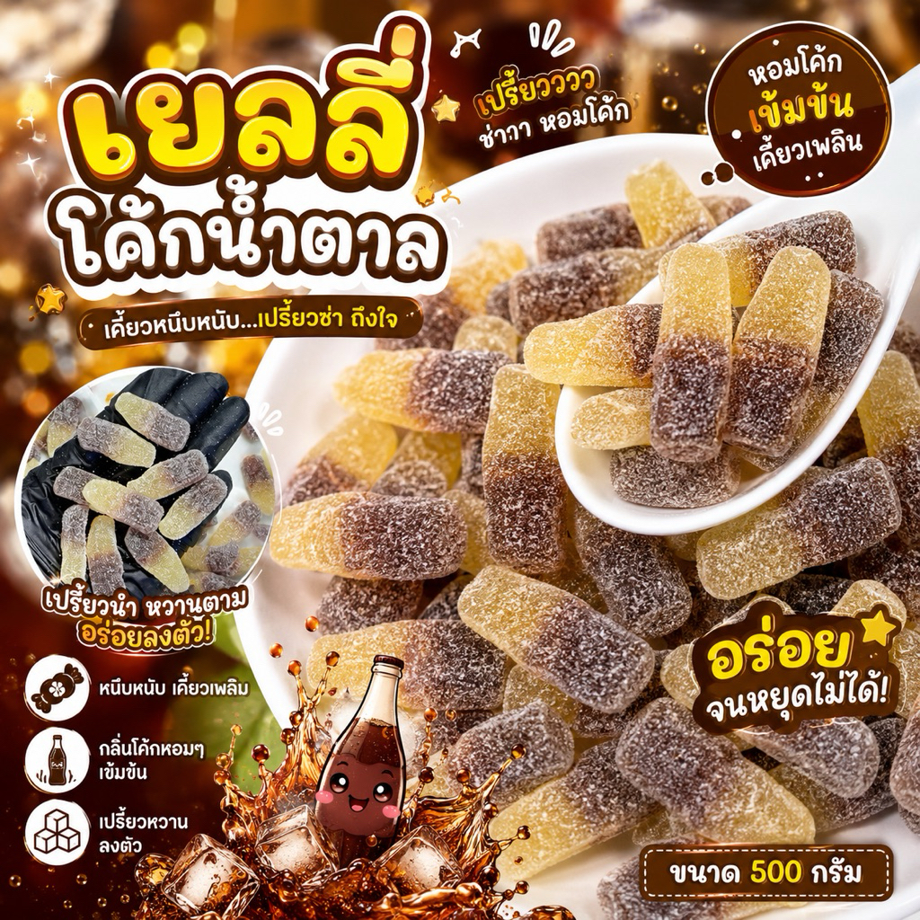 เยลลี่โค้กน้ำตาลเปรี้ยว สายเปรี้ยวต้องลอง ขายดีสุด ขนาด 500 กรัม