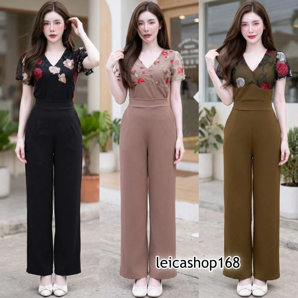 สินค้าพร้อมส่ง ชุดเซตออกงาน ผ้าวูลเวฟ เสื้อแฟชั่นคอวีแขนแต่งระบายผ้าลูกไม้+กางเกงเอวเรียบสม๊อคหลังมีกระเป๋า A8498 A8488
