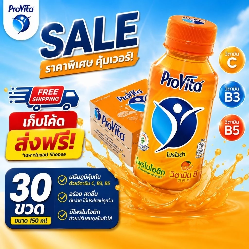 **1ลัง/1คำสั่งซื้อ** โปรไวต้า (30ขวด ส่งฟรี) เครื่องดื่มโพรไบโอติกผสมวิตามิน รส ส้ม (1 ขวด 150ml)**