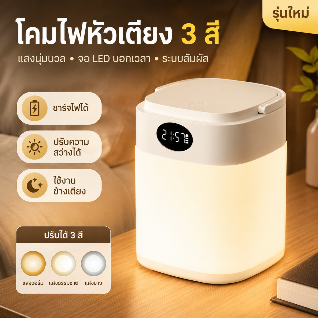 โคมไฟหัวเตียง โคมข้างเตียง สัมผัส จอเวลา ปรับแสง3ระดับ