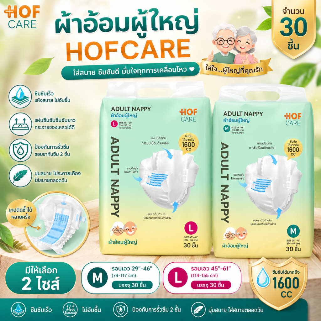 HOFCARE ผ้าอ้อมแบบเทปผู้ใหญ่ Adult ไซส์ M กับ L ห่อละ 30 ชิ้น (จำกัดออเดอร์ละ 4 ถุงหรือ 1 ลัง)