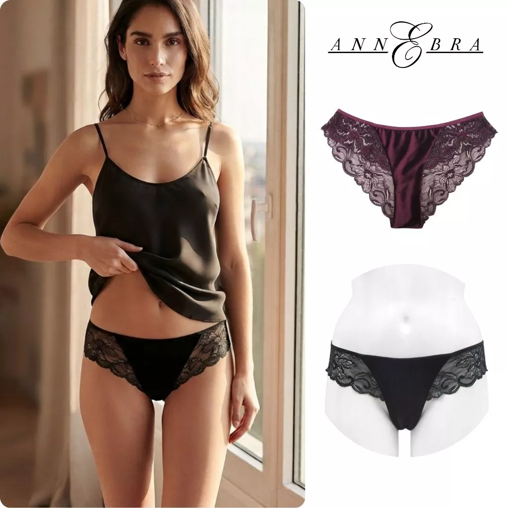 Annebra กางเกงใน ทรงบิกีนี่ ผ้ากำมะหยี่ ตัดต่อผ้าลูกไม้ Bikini Panty รุ่น AU3-887