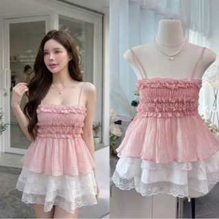 (อก30-42) สาวอวบใส่ได้อกถึง42 💗เสื้อสายเดี่ยวระบายย่นอก โทนสีพาสเทลสายหวานมาก (ผ้าบาง)