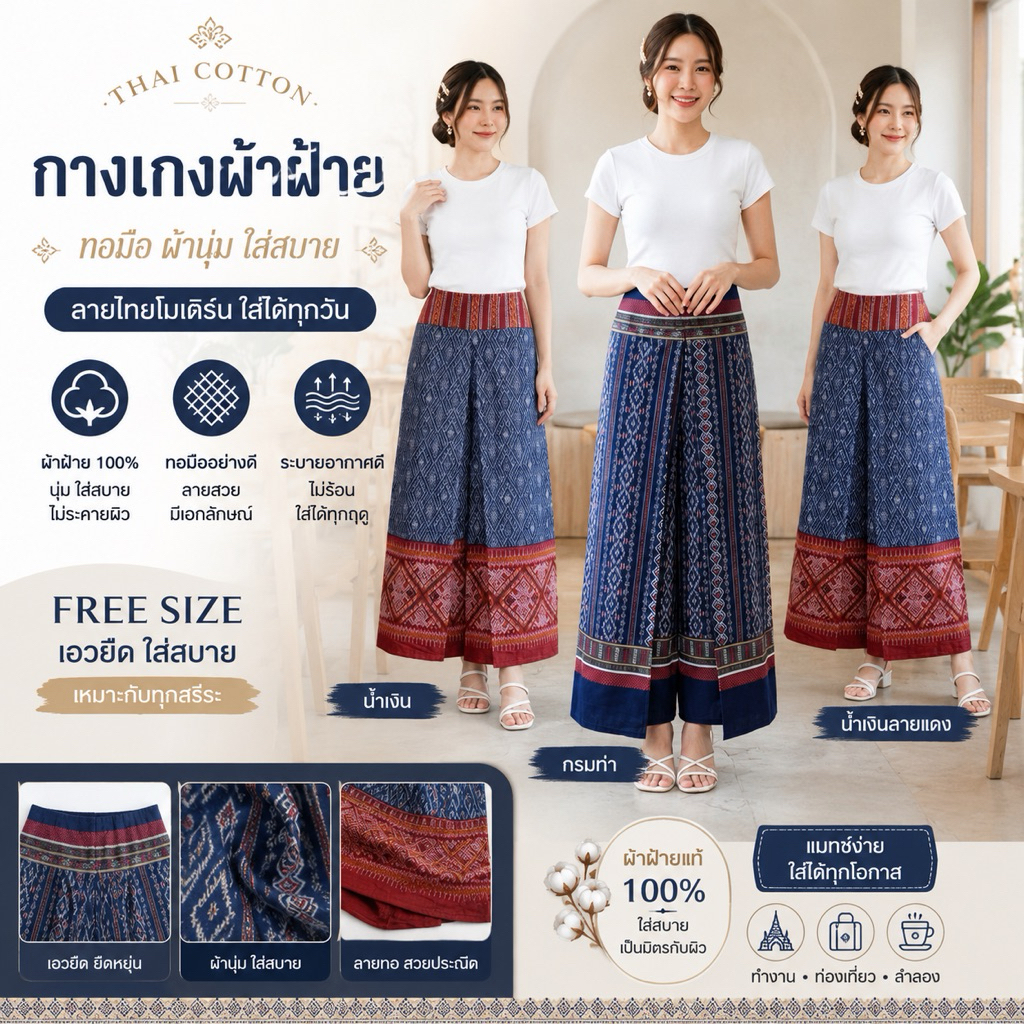กางเกงผู้หญิงผ้าฝ้าย นุ่มใส่สบาย ไม่ร้อน