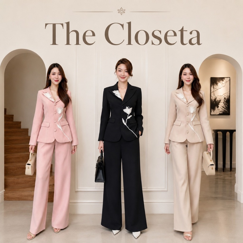 THE CLOSETA : LB638 ชุดเซ็ทสูทแขนยาวแต่งดอกทิวลิป พร้อมกางเกงขายาวเข้าเซ็ท