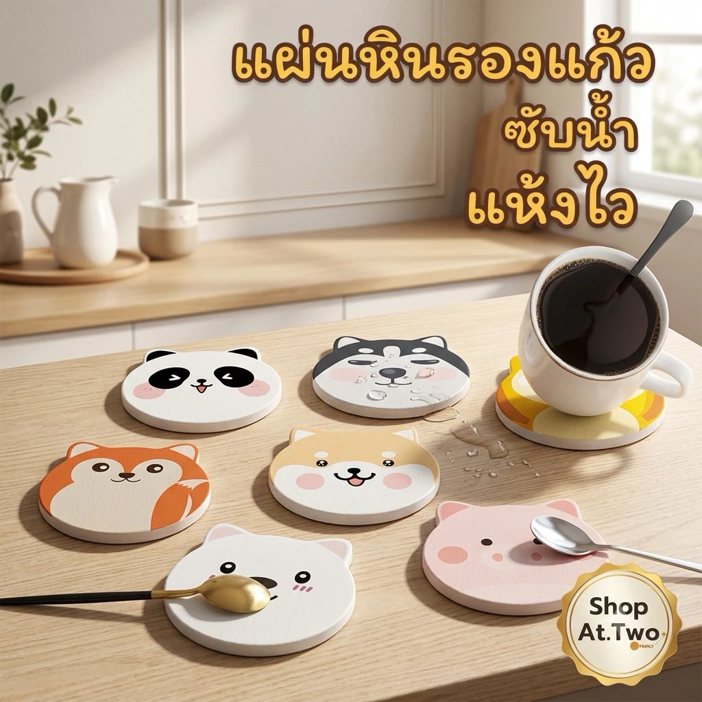 ShopAt.Two[CS-7227] ที่รองแก้วซับน้ำ แผ่นหินรองแก้ว ดูดซับน้ำ แห้งไว พร้อมส่งจากไทย
