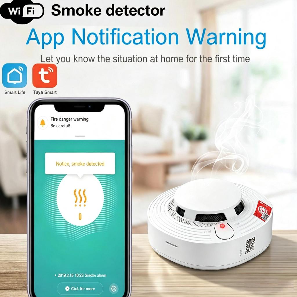 สัญญาณเตือนควัน Wi-Fi แบบใส่ถ่าน แจ้งเตือนเข้าแอป มีลำโพงในตัว ตรวจจับควันไฟ