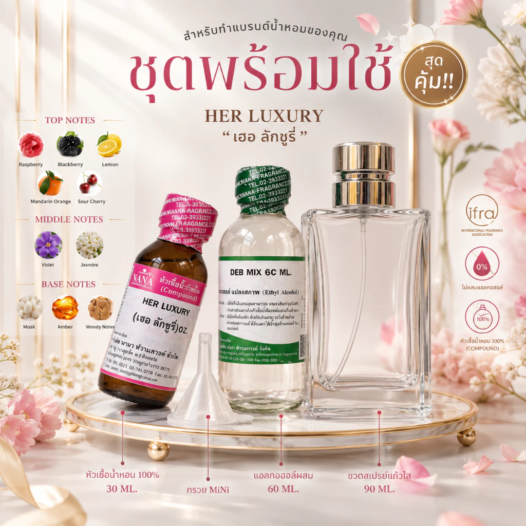 ชุดพร้อมใช้สุดคุ้ม (หัวเชื้อน้ำหอม 30 ML.+แอลกอฮอล์ DEB MIX 60 ML.+ขวดสเปรย์ขนาด 90 ML+กรวยMINI)