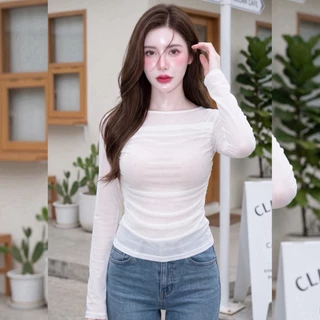 สินค้าพร้อมส่ง เสื้อแฟชั่น ผ้าซีทรูพรีเมี่ยม แขนยาว แต่งเลเยอร์จับจีบข้าง ทรงสวยรัดรูป ใส่สบาย ดีไซส์สวย เรียบหรู
