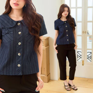 Glucoat | [A869] เสื้อยีนส์คอบัวแขนสั้น กระเป๋าโบว์หน้า กระดุมหน้าใช้งานได้จริง