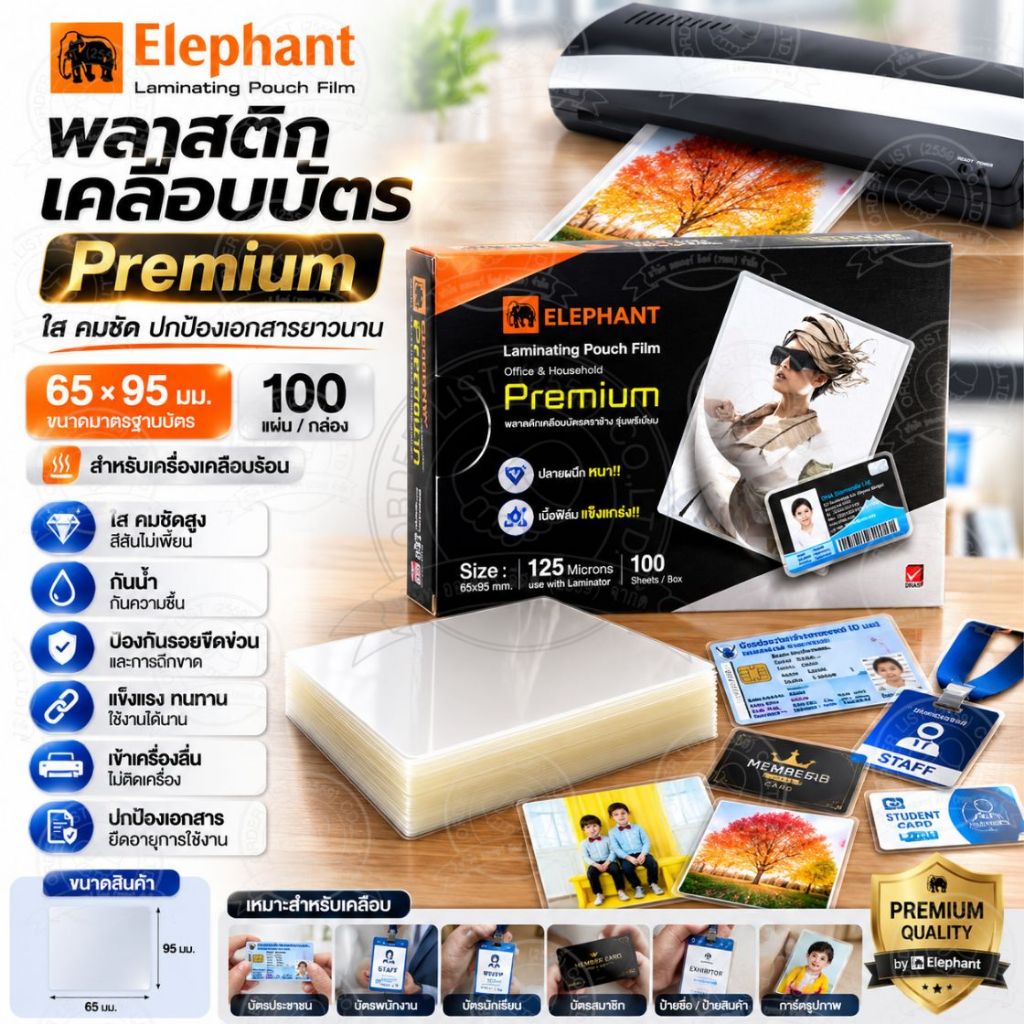 ถูกที่สุด (65x95mm.)พลาสติกเคลือบบัตร ตราช้าง พลาสติกเคลือบ รุ่น PREMIUEM หนา 125 ไมครอน บรรจุ 100 แผ่น
