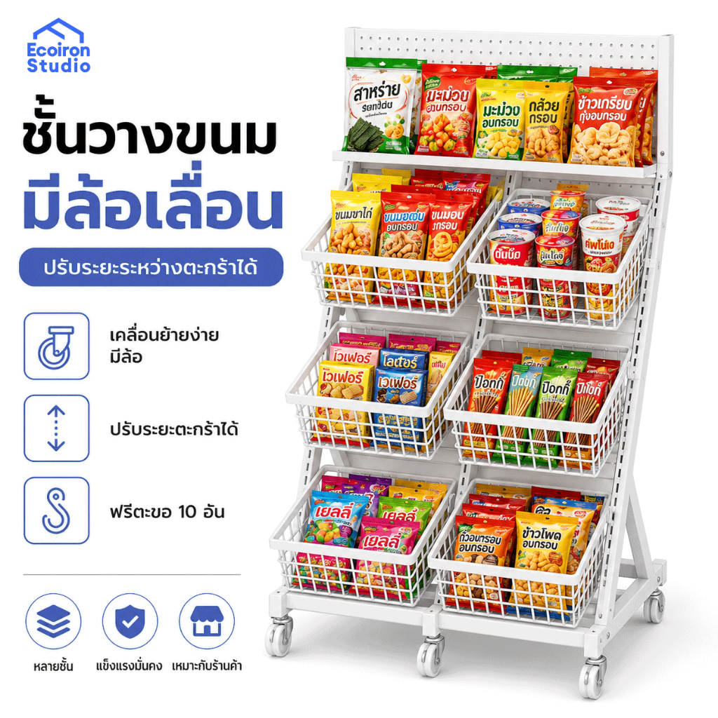EcoIron Studio ชั้นวางขนม ชั้นวางของร้านค้า มีล้อเลื่อน ชั้นวางขนม ปรับระยะระหว่างตะกร้าได้ ฟรีตะขอ 10 อัน
