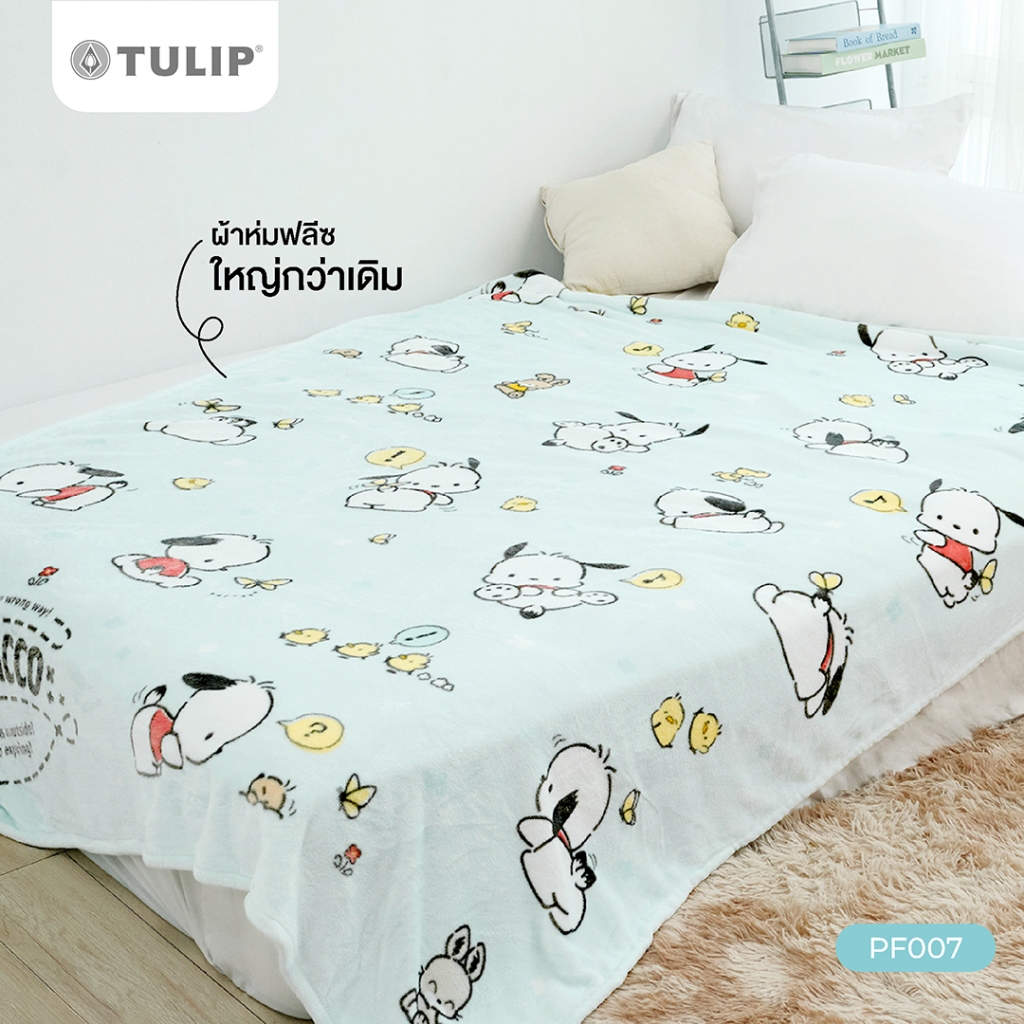 Tulip Fleece ผ้าห่มขนแกะเทียม 60x80 นิ้ว ลาย PF007 Pochacco โปเเช็กโก ลิขสิทธิ์แท้ Sanrio ผ้าห่มฟลีซขนาดใหญ่ 5 ฟุต