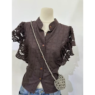 M2086 เสื้อเชิ้ตคอจีนงานปักฉลุ "Lace Ruffle" สวยแพง สไตล์ลักชู