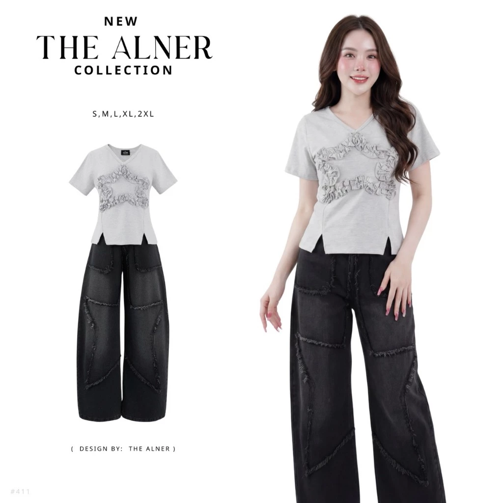 Thealner-AN441 (เซ็ตเสื้อเทาลายดาว กางเกงยีนส์ขายาว)