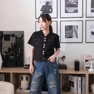 Lawyer Store | [921982] เสื้อคอปกแขนสั้น กระดุมคู่ แต่งตะเข็บ ผ้าฝ้ายลินิน ใส่สบาย เสื้อผู้หยิง เสื้อแขนสั้น เสื้อเชิ๊ต