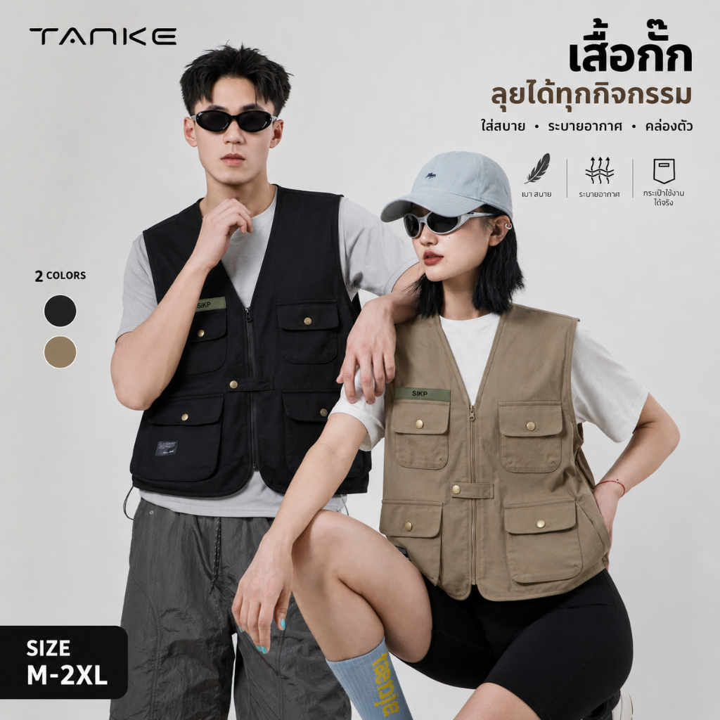 เสื้อกั๊กตั้งแคมป์สีดำ แขนกุด ซิปหน้า คุณภาพสูง เสื้อกั๊กสีคากิ เสื้อกั๊ก outdoor ผู้ชาย