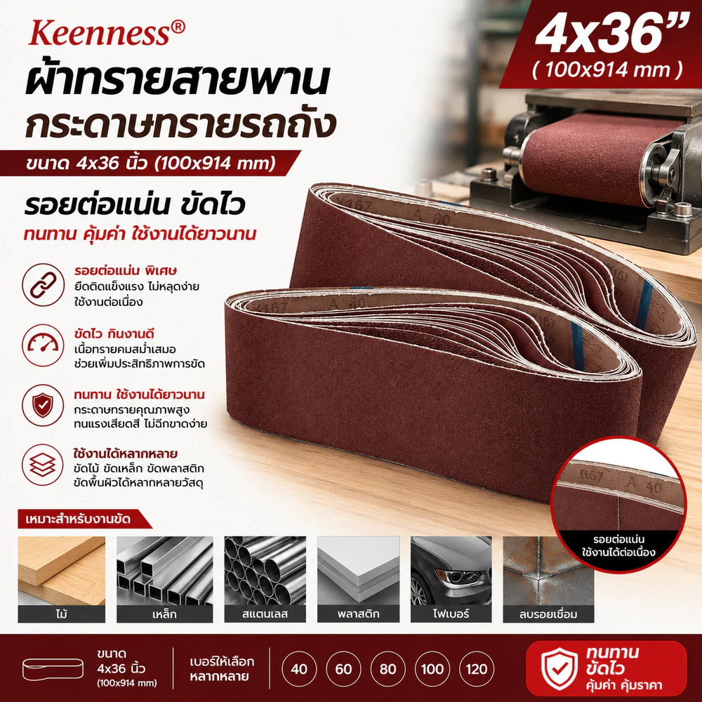 Keenness ผ้าทรายสายพาน 4x36 นิ้ว กระดาษทรายรถถัง เบอร์ 40-120 รอยต่อแน่น ทนทาน ไม่ขาดง่าย ขัดไม้ ขัดเหล็ก