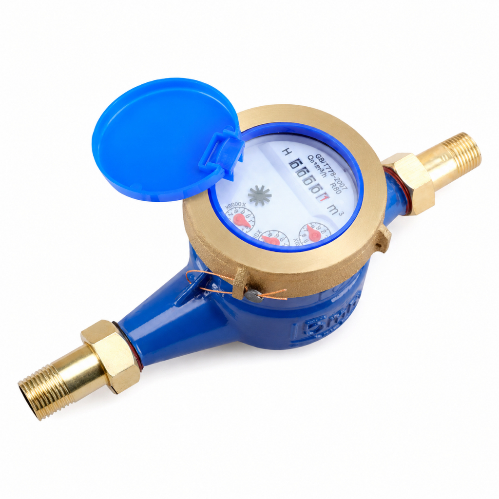 มิเตอร์น้ำ DN15 4 หุน สำหรับท่อเส้นผ่านศูนย์กลางภายนอก 20 มม. ติดตั้งแนวนอน พร้อมอุปกรณ์ 4 ชิ้น