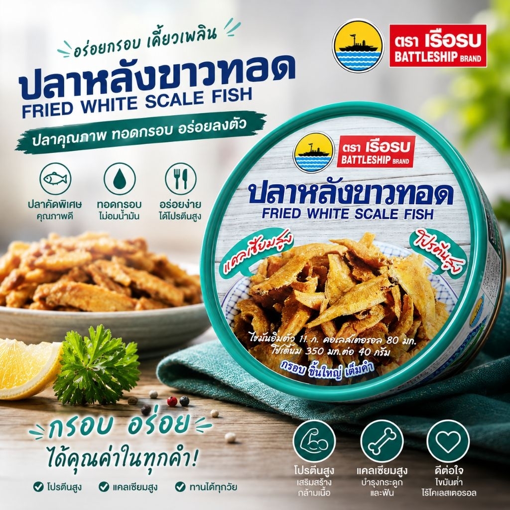 เรือรบ ปลาหลังขาวทอดกรอบ ตราเรือรบ 50g | กรอบอร่อย เคี้ยวเพลินจากปลาหลังขาวแท้