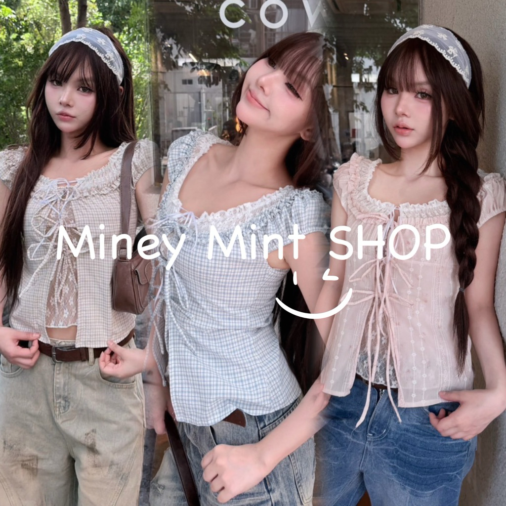 miniminey เสื้อแขนดอลลี่ แต่งลูกไม้ รุ่นผูกโบหน้า