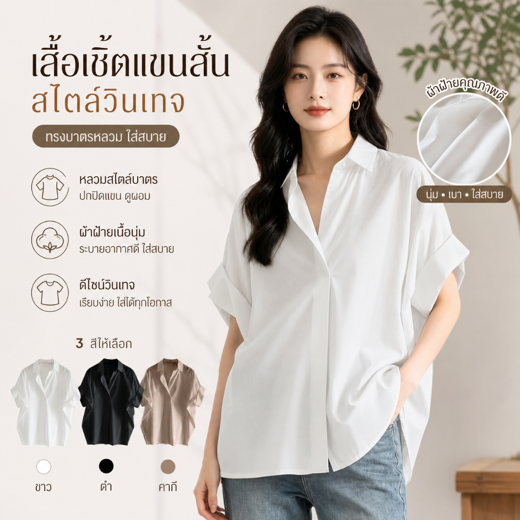 3m7 จัดส่งภายใน 24 ชั่วโมง เสื้อเชิ้ตแขนสั้นสไตล์วินเทจ ทรงบาตรหลวม ใส่สบาย เสื้อเชิ้ตแขนสั้นผู้หญิง