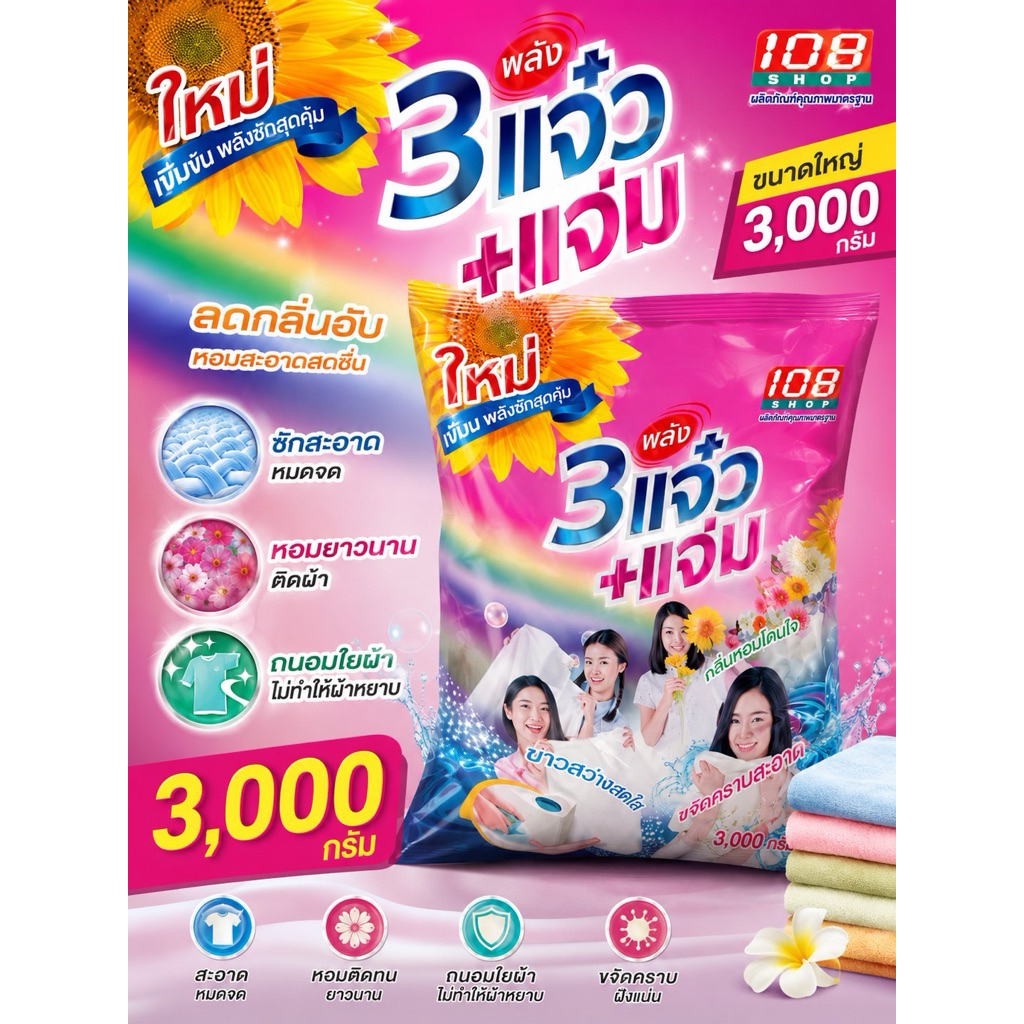108 shop ผงซักฟอก3แจ๋ว3,000กรัม 1ถุง