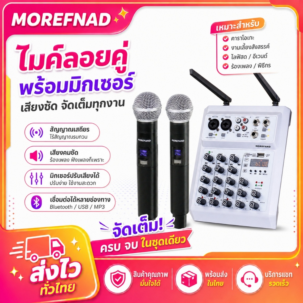 MOREFAND 406M ชุดมิกเซอร์เสียง 4 ช่อง พร้อมไมค์ไร้สายคู่ 2.4G บลูทูธ5.0 การ์ดเสียงUSB สำหรับไลฟ์สด ร้องคาราโอเกะ บันทึกเ