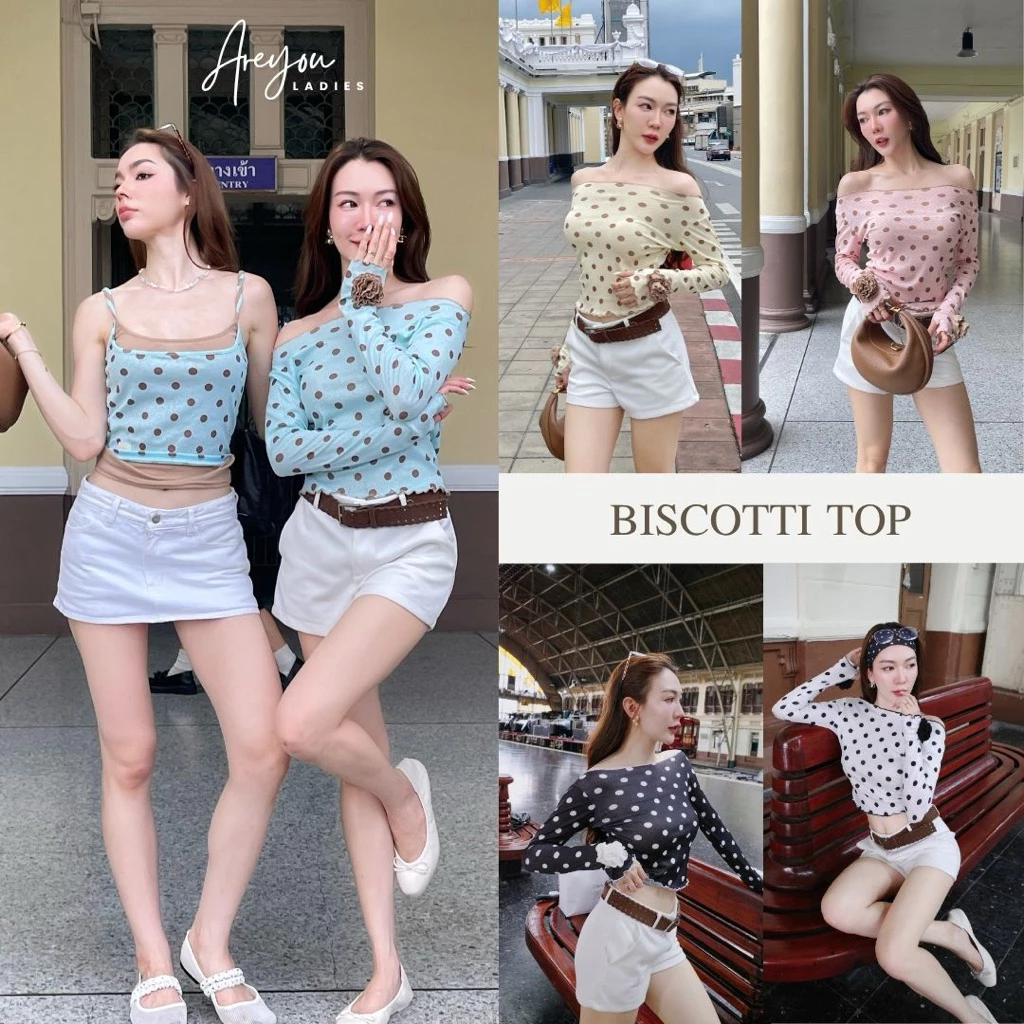 NO.650 Biscotti Top เสื้อยืดแขนยาวลายจุดแต่งดอกคามิเลีย