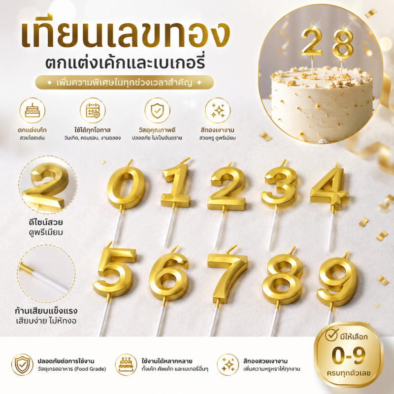 🇹🇭(ส​่งจากไทย) เทียนตัวเลข เทียนวันเกิดอายุ สีทองสุดหรูหรา ใช้ปักตกแต่งหน้าเค้ก(CN-19)