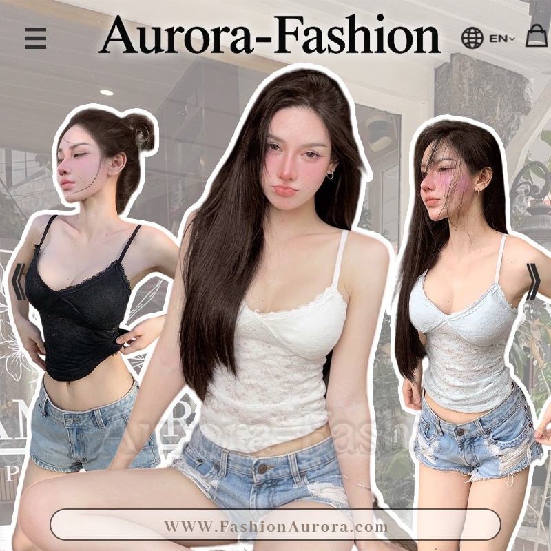 Aurora พร้อมส่ง (รูปถ่ายจากงานจริง) เสื้อกั๊กผ้าลูกไม้โปร่งคอวีดีไซน์ตัดต่อ มีฟองน้ำ ทรงเข้ารูปสวยงาม สไตล์เกาหลี