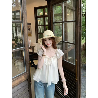 เสื้อแขนระบายผ้าพริ้วทรงปล่อยใส่สบาย