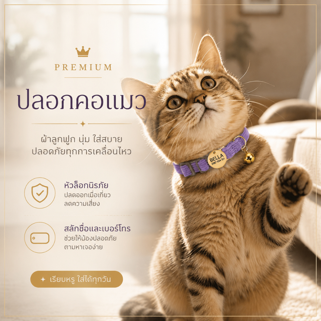ปลอกคอแมว ผ้าลูกฟูก พร้อมป้ายสลักชื่อและเบอร์โทร | หัวล็อกนิรภัย ปรับขนาดได้ กระดิ่งทอง
