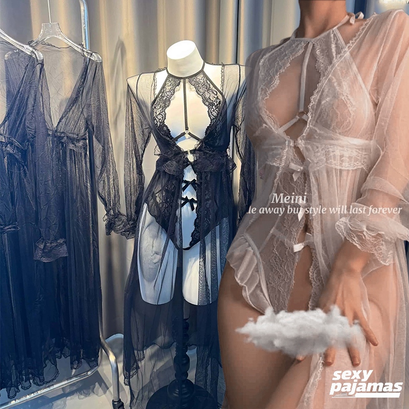 sexy pajamas ใหม่ ชุดนอนบอดี้สูท ม้ละเอียดโลคอวีลึก เสื้อคลุมแขนยาวผ้าบางโ ชุดคอสตูมผ้าลูกไ ชุดยั่วผัว ยั่วยวนสามีของคุ