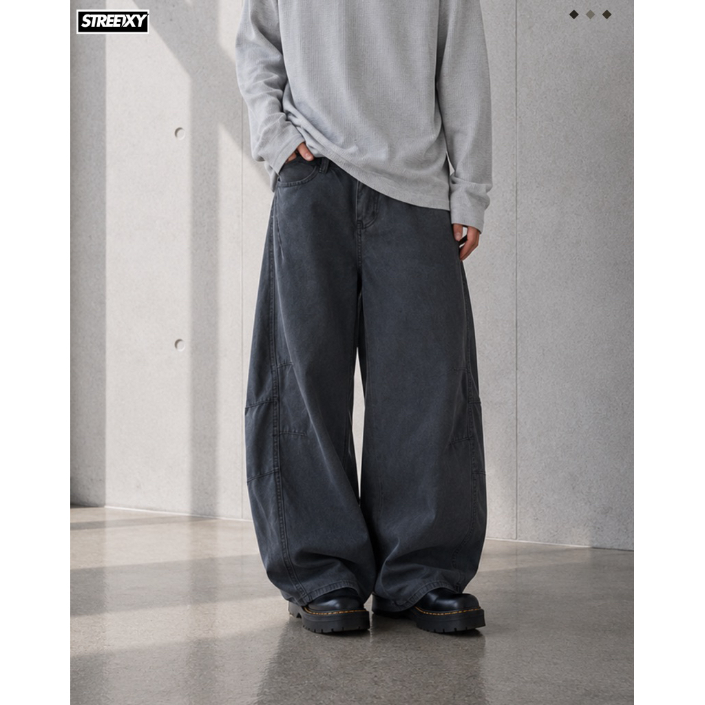 COAL PANTS กางเกงทรง Balloon ขากว้างโค้ง สี Charcoal Grey พร้อมงานเฟดที่ให้กลิ่นอายวินเทจ เอวยางยืดด้านหลัง สวมใส่ง่าย