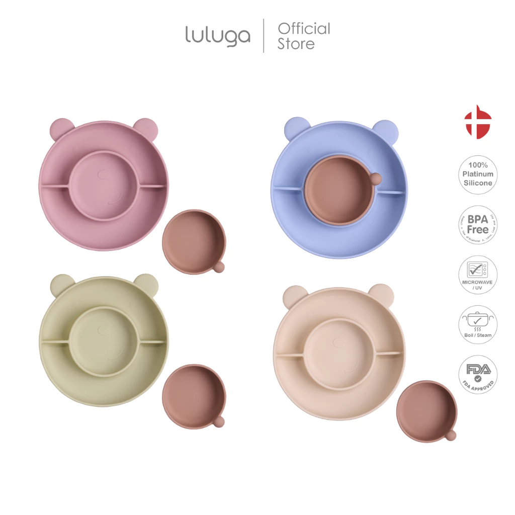 Luluga จานซิลิโคนเด็ก Bear จานดูดติดโต๊ะ แบ่ง 3 ช่อง พร้อมถ้วยแยกชิ้น Platinum Silicone สำหรับเด็ก 6 เดือน + ฝึกทาน BLW