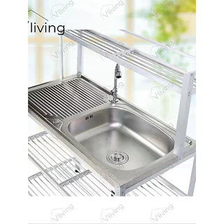 Vliving ซิ้งค์ล้างจาน อ่างล้างจาน สแตนเลส 3 ชั้น มีบน 100cm สะดือตะกร้าใหญ่